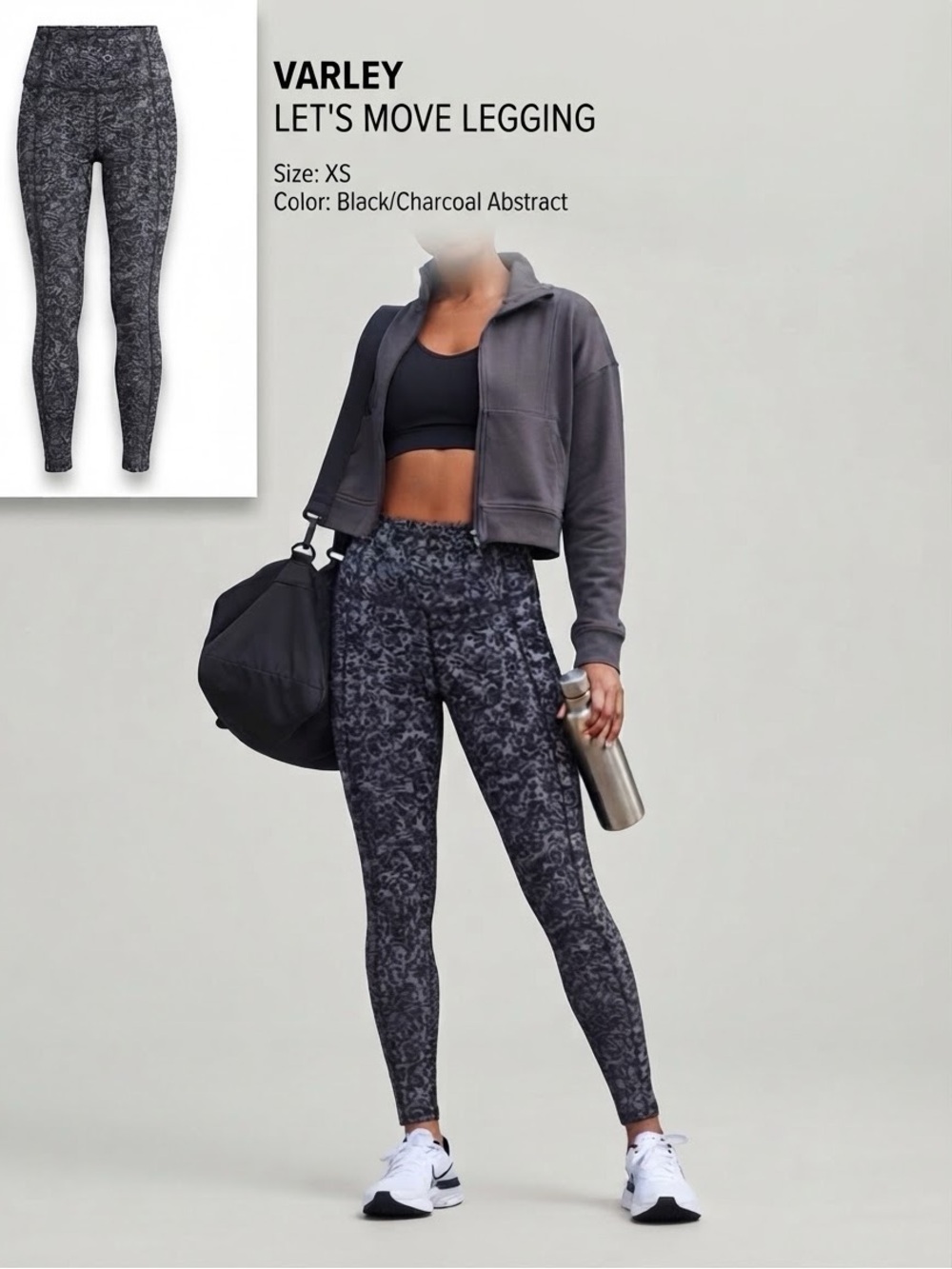 Varley Let's Go Cluster Leopard Pocket Leggings Grey Black Size XS Drawstring
